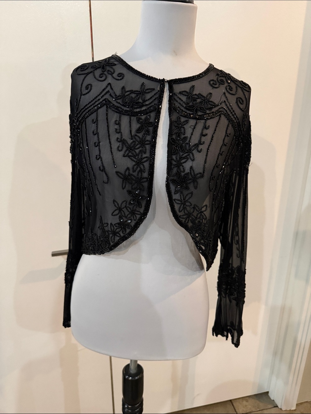Papell Boutique Black Beaded Sheer Cropped Jacket